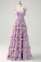 Laden Sie das Bild in den Galerie-Viewer, Grau Lila A-Linie Gestuftes Langes Brautjungfernkleid mit Rüschendruck