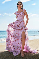 Laden Sie das Bild in den Galerie-Viewer, Blumen Grau Lila Drucken A-Linie Gestuftes Langes Brautjungfernkleid