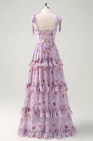 Laden Sie das Bild in den Galerie-Viewer, Grau Lila A-Linie Gestuftes Langes Brautjungfernkleid mit Rüschendruck