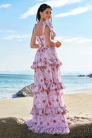 Laden Sie das Bild in den Galerie-Viewer, Blumen Grau Lila Drucken A-Linie Gestuftes Langes Brautjungfernkleid