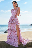 Laden Sie das Bild in den Galerie-Viewer, Blumen Grau Lila Drucken A-Linie Gestuftes Langes Brautjungfernkleid