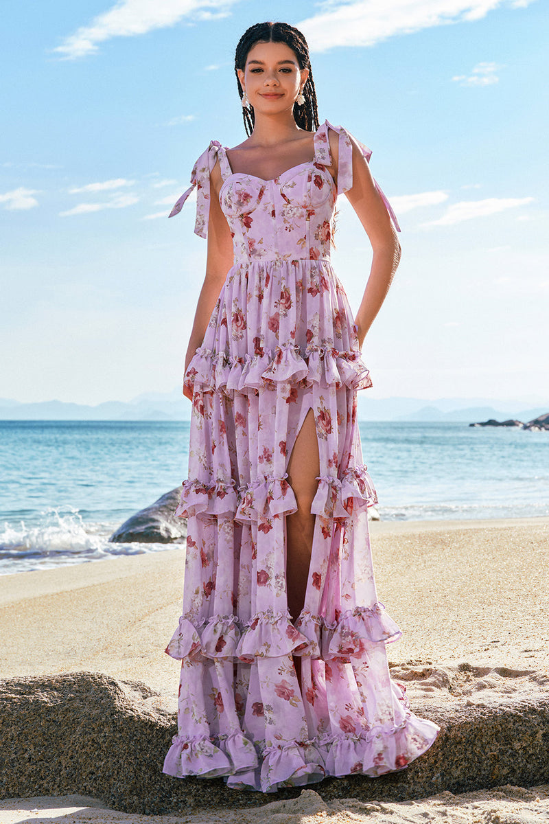 Laden Sie das Bild in den Galerie-Viewer, Blumen Grau Lila Drucken A-Linie Gestuftes Langes Brautjungfernkleid