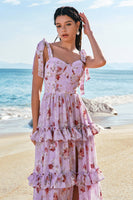 Laden Sie das Bild in den Galerie-Viewer, Blumen Grau Lila Drucken A-Linie Gestuftes Langes Brautjungfernkleid