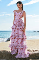 Laden Sie das Bild in den Galerie-Viewer, Blumen Grau Lila Drucken A-Linie Gestuftes Langes Brautjungfernkleid