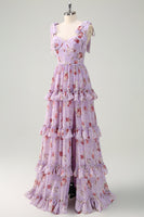 Laden Sie das Bild in den Galerie-Viewer, Grau Lila A-Linie Gestuftes Langes Brautjungfernkleid mit Rüschendruck