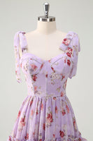 Laden Sie das Bild in den Galerie-Viewer, Grau Lila A-Linie Gestuftes Langes Brautjungfernkleid mit Rüschendruck