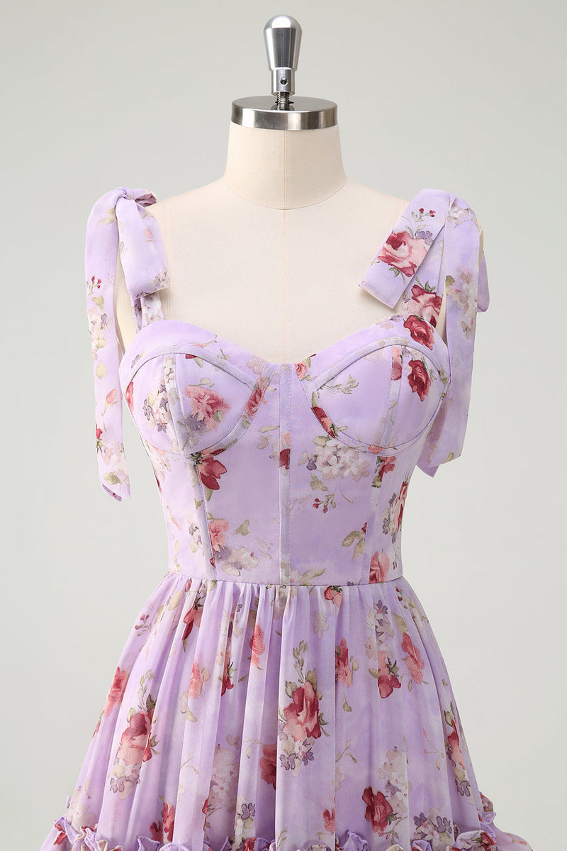 Laden Sie das Bild in den Galerie-Viewer, Grau Lila A-Linie Gestuftes Langes Brautjungfernkleid mit Rüschendruck