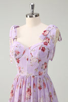 Laden Sie das Bild in den Galerie-Viewer, Grau Lila A-Linie Gestuftes Langes Brautjungfernkleid mit Rüschendruck