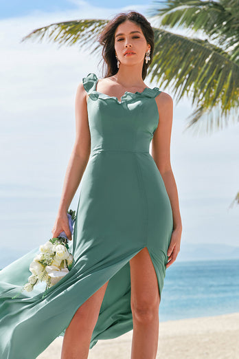 Eukalyptus A-Linie Spaghettiträger Chiffon Langes Brautjungfernkleid mit Schlitz