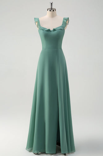 Eukalyptus Chiffon A Linie Spaghettiträger Langes Brautjungfernkleid mit Schlitz