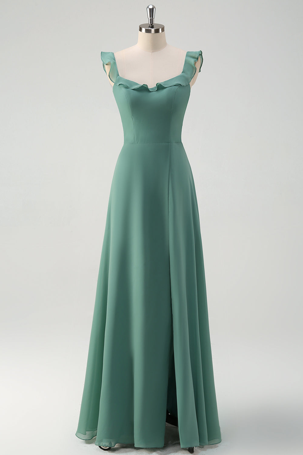 Eukalyptus Chiffon A Linie Spaghettiträger Langes Brautjungfernkleid mit Schlitz
