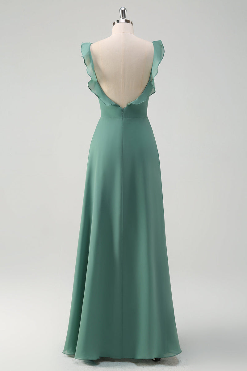 Laden Sie das Bild in den Galerie-Viewer, Eukalyptus Chiffon A Linie Spaghettiträger Langes Brautjungfernkleid mit Schlitz