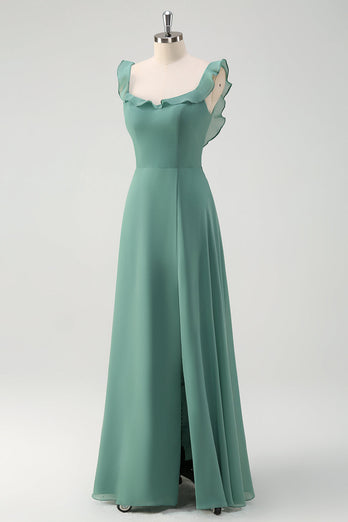 Eukalyptus Chiffon A Linie Spaghettiträger Langes Brautjungfernkleid mit Schlitz