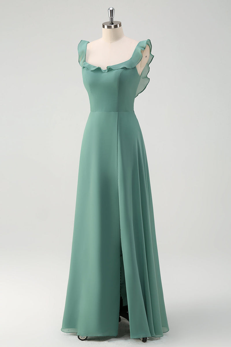 Laden Sie das Bild in den Galerie-Viewer, Eukalyptus Chiffon A Linie Spaghettiträger Langes Brautjungfernkleid mit Schlitz