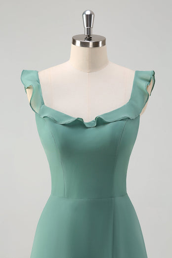 Eukalyptus Chiffon A Linie Spaghettiträger Langes Brautjungfernkleid mit Schlitz