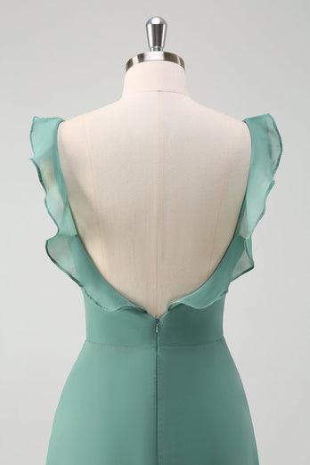Eukalyptus Chiffon A Linie Spaghettiträger Langes Brautjungfernkleid mit Schlitz