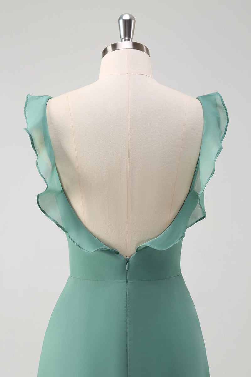 Laden Sie das Bild in den Galerie-Viewer, Eukalyptus Chiffon A Linie Spaghettiträger Langes Brautjungfernkleid mit Schlitz