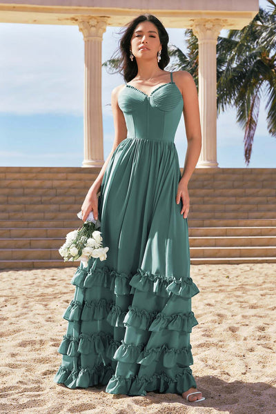 Eukalyptus A-Linie Korsett Langes Chiffon Brautjungfernkleid