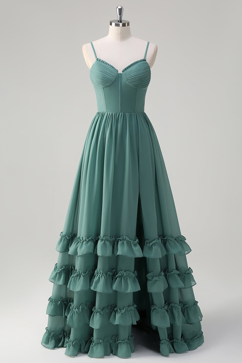 Eukalyptus A-Linie Korsett Langes Brautjungfernkleid mit Schlitz
