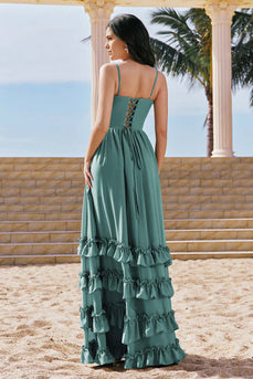 Eukalyptus A-Linie Korsett Langes Chiffon Brautjungfernkleid