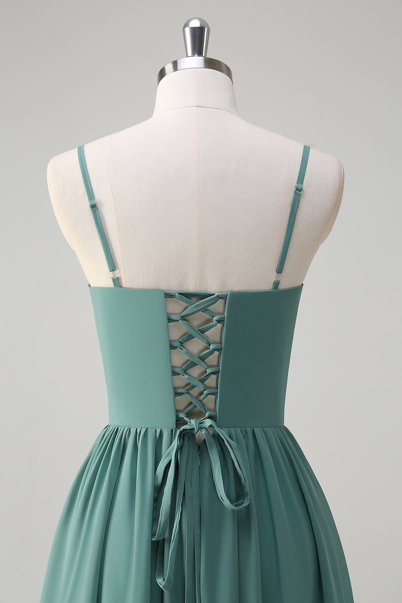 Laden Sie das Bild in den Galerie-Viewer, Eukalyptus A-Linie Korsett Langes Brautjungfernkleid mit Schlitz
