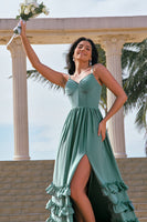 Laden Sie das Bild in den Galerie-Viewer, Eukalyptus A-Linie Korsett Langes Chiffon Brautjungfernkleid