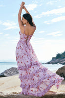 Laden Sie das Bild in den Galerie-Viewer, Grau Lila Blumen A Linie Spaghettiträger Korsett Langes Brautjungfernkleid