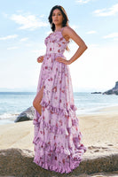 Laden Sie das Bild in den Galerie-Viewer, Grau Lila Blumen A Linie Spaghettiträger Korsett Langes Brautjungfernkleid