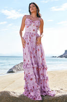 Laden Sie das Bild in den Galerie-Viewer, Grau Lila Blumen A Linie Spaghettiträger Korsett Langes Brautjungfernkleid