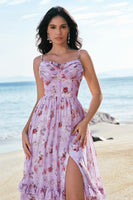 Laden Sie das Bild in den Galerie-Viewer, Grau Lila Blumen A Linie Spaghettiträger Korsett Langes Brautjungfernkleid