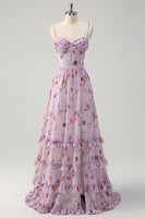 Laden Sie das Bild in den Galerie-Viewer, Grau Lila Blumen A-Linie Spaghettiträger Korsett Brautjungfernkleid mit Schlitz