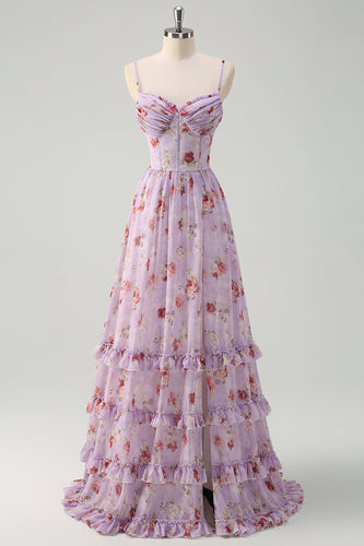 Grau Lila Blumen A-Linie Spaghettiträger Korsett Brautjungfernkleid mit Schlitz