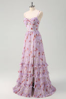 Laden Sie das Bild in den Galerie-Viewer, Grau Lila Blumen A-Linie Spaghettiträger Korsett Brautjungfernkleid mit Schlitz