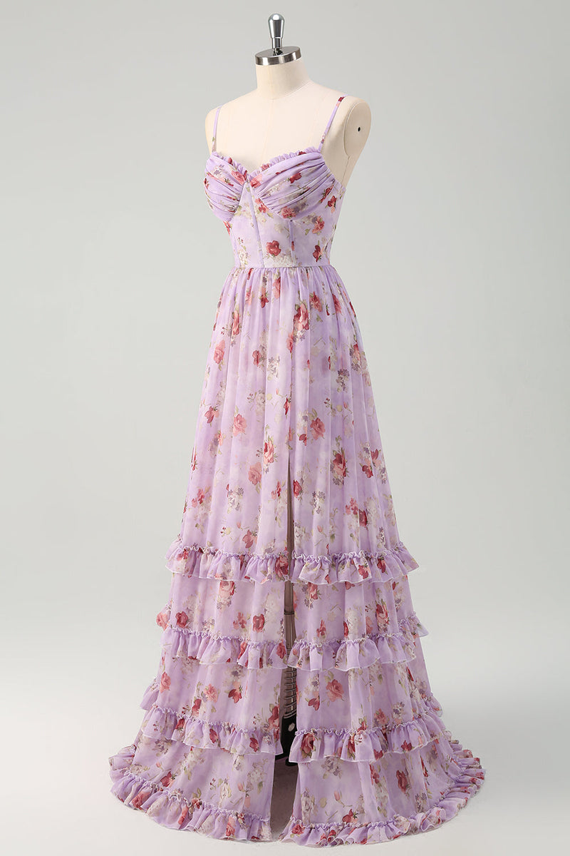 Laden Sie das Bild in den Galerie-Viewer, Grau Lila Blumen A-Linie Spaghettiträger Korsett Brautjungfernkleid mit Schlitz