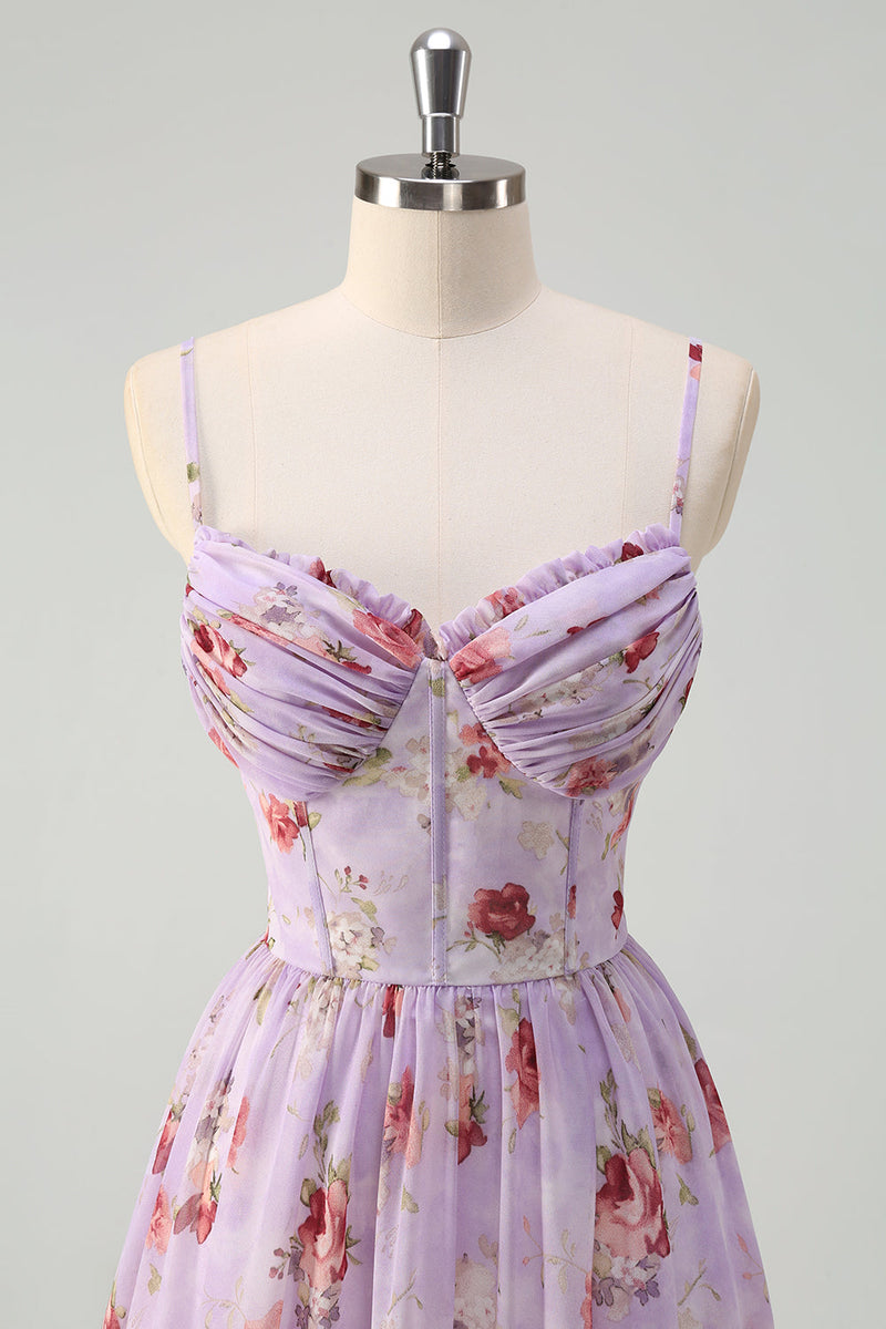 Laden Sie das Bild in den Galerie-Viewer, Grau Lila Blumen A-Linie Spaghettiträger Korsett Brautjungfernkleid mit Schlitz