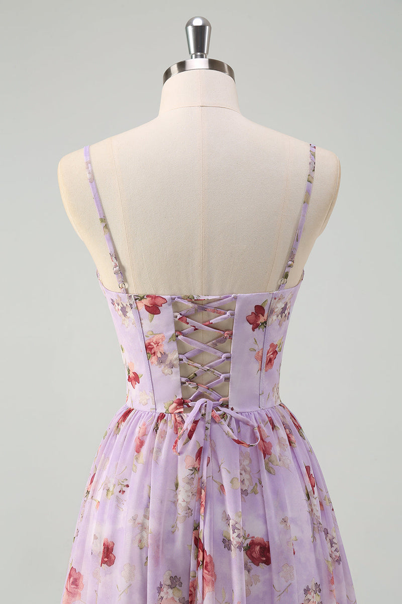Laden Sie das Bild in den Galerie-Viewer, Grau Lila Blumen A-Linie Spaghettiträger Korsett Brautjungfernkleid mit Schlitz