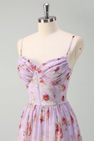 Laden Sie das Bild in den Galerie-Viewer, Grau Lila Blumen A-Linie Spaghettiträger Korsett Brautjungfernkleid mit Schlitz