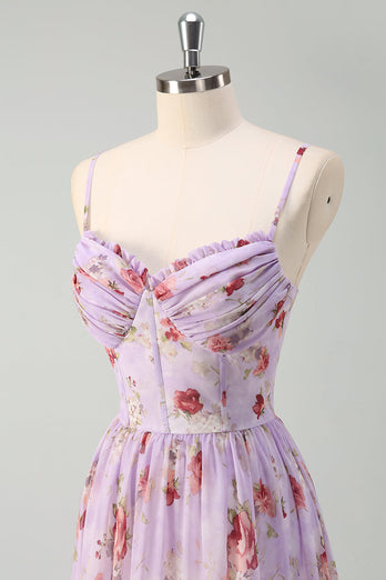 Grau Lila Blumen A-Linie Spaghettiträger Korsett Brautjungfernkleid mit Schlitz