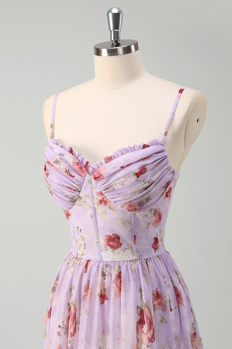 Laden Sie das Bild in den Galerie-Viewer, Grau Lila Blumen A-Linie Spaghettiträger Korsett Brautjungfernkleid mit Schlitz