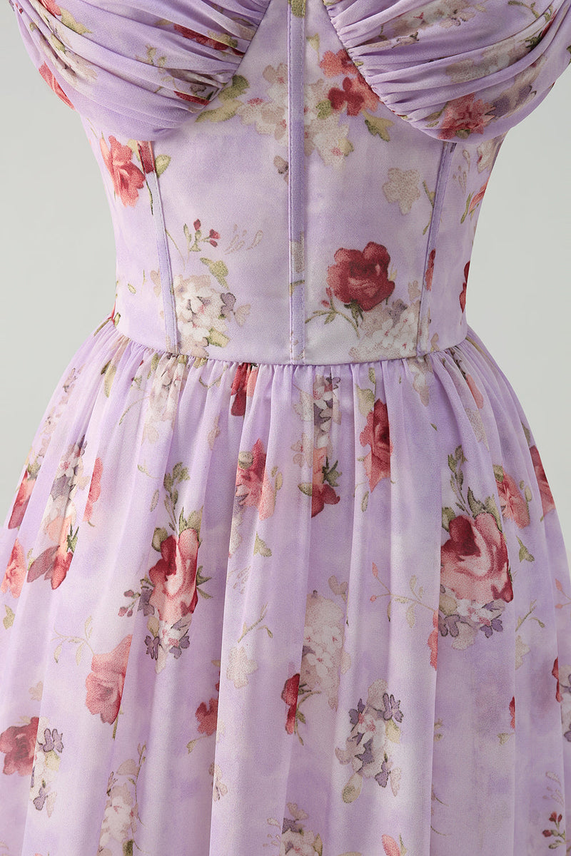 Laden Sie das Bild in den Galerie-Viewer, Grau Lila Blumen A-Linie Spaghettiträger Korsett Brautjungfernkleid mit Schlitz