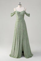 Laden Sie das Bild in den Galerie-Viewer, Staubiger Salbei A-Linie Jacquard Langes Brautjungfernkleid mit Schlitz