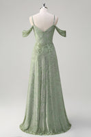 Laden Sie das Bild in den Galerie-Viewer, Staubiger Salbei A-Linie Jacquard Langes Brautjungfernkleid mit Schlitz