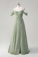 Laden Sie das Bild in den Galerie-Viewer, Staubiger Salbei A-Linie Jacquard Langes Brautjungfernkleid mit Schlitz