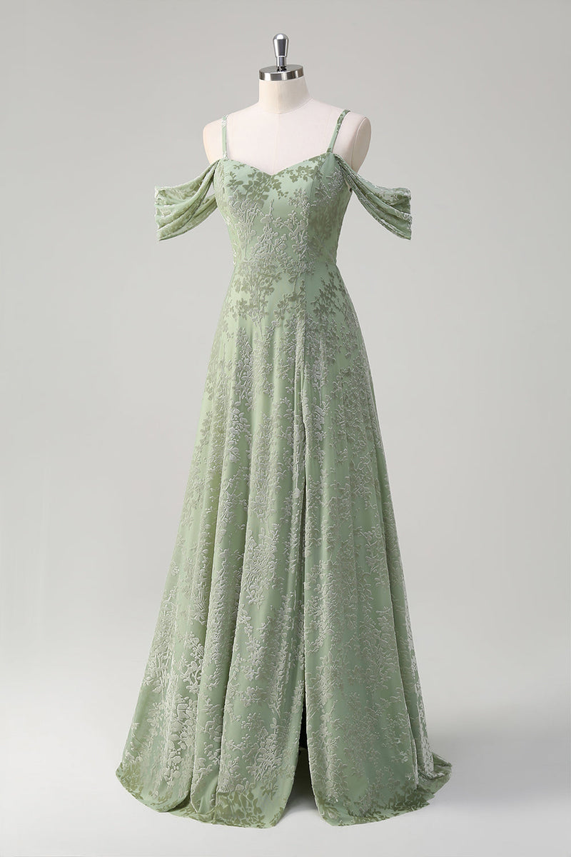 Laden Sie das Bild in den Galerie-Viewer, Staubiger Salbei A-Linie Jacquard Langes Brautjungfernkleid mit Schlitz