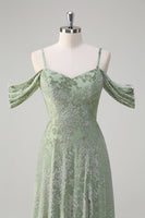 Laden Sie das Bild in den Galerie-Viewer, Staubiger Salbei A-Linie Jacquard Langes Brautjungfernkleid mit Schlitz