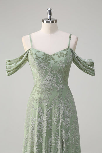 Staubiger Salbei A-Linie Jacquard Langes Brautjungfernkleid mit Schlitz