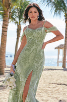 Laden Sie das Bild in den Galerie-Viewer, Staubiger Salbei A-Linie Jacquard Langes Brautjungfernkleid mit Schlitz