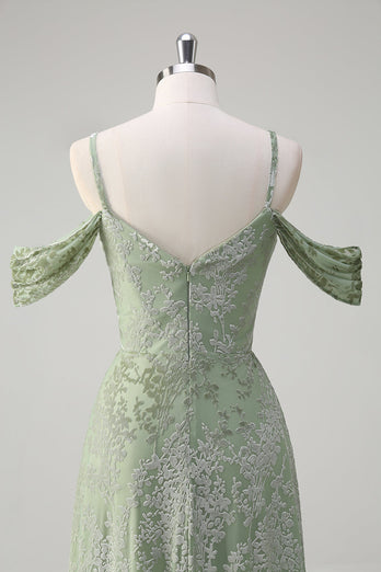 Staubiger Salbei A-Linie Jacquard Langes Brautjungfernkleid mit Schlitz