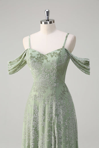 Staubiger Salbei A-Linie Jacquard Langes Brautjungfernkleid mit Schlitz
