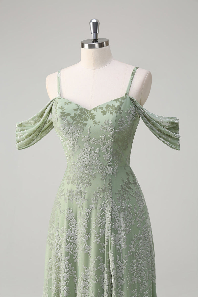 Laden Sie das Bild in den Galerie-Viewer, Staubiger Salbei A-Linie Jacquard Langes Brautjungfernkleid mit Schlitz